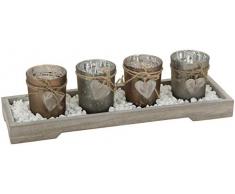 Deko CHICCIE 4 Set Teelicht Gläser auf Holz Tablett Mit Steinen - Teelichthalter Windlicht