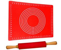 Teigroller mit Backmatte Silikon Groß Rot | Antihaft - BPA frei | Hitzebeständig | Nudelholz 40cm mit Teigmatte 60x40cm Set