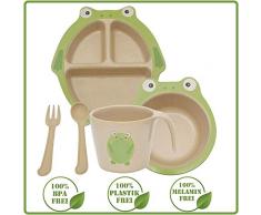 Green World Production Kindergeschirr Set 6-teilig ohne Melamin und Plastik, Spühlmaschienengeeignet Mikrowellengeeignet, besteht aus Teller Schale Löffel Gabel Tasse aus Reishülse inkl Saugnapf