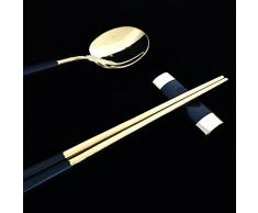 Edelstahl Essstäbchen Löffel und Stäbchen Halter, Besteck Geschenkset - Schwarz Golden