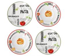 MamboCat 4er Set Pastateller weiß mit Dekor I Geschirrset Rot & Grün I Steingut Geschirr mit bunten Schriftzügen und Motiven I Tiefe Porzellan Teller auch für Suppen und Salate