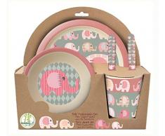 POS 30750 - Frühstücksset 5 teilig aus Bambus mit niedlichem Elefantinis Motiv, besteht aus Teller, Schale, Becher, Gabel und Löffel, für kleine Kinder, bpa- und phthalatfrei, spülmaschinengeeignet