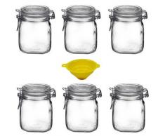 Viva Haushaltswaren - 6 x Bügelglas 750 ml mit Verschluss, eckiges Drahtbügelglas zum Befüllen als Einmachgläser, Weckgläser, Vorratsdosen etc. verwendbar (inkl. Trichter)