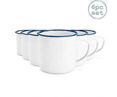 Kaffee-/Teebecher mit Emaille-Beschichtung - Weiß mit blauem Rand - 240 ml - 6er-Set