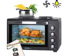 TZS First Austria - 45 Liter 3200 Watt Mini-Backofen mit Kochplatten und Krümelblech| Drehspieß und Umluft Mini Pizzaofen | Mini-Küche | Kochplatten separat bedienbar | gleichzeitig kochen und backen