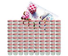 MamboCat 100er Set Sturzglas 230 ml Marmeladenglas Einmachglas Einweckglas to 82 rot Karierter Deckel incl. Diamant-Zucker Gelierzauber Rezeptheft