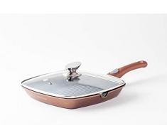 Preis-Shop24 Mischler Cook Grillpfanne Steakpfanne Fischpfanne mit Deckel Antihaftbeschichtung | Aluminiumguss | Griff Abnehmbarer | Induktionsgeeignet Ø 28 cm PFOA-frei - Kupfer Farbe