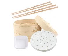 BaZhaHei Dampf Dünsteinsätze Bambusdämpfer Geschirr Haushalt 10 Zoll Bambusdampfer mit Deckel Doppelschichtkombination 50x Dim Sum Dämpferpapiere und 1 Paar Essstäbchen