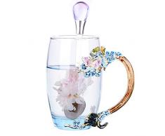 Do4U Frauen einzigartige Neuheit 3D Blume Glas Kaffeetassen Tassen mit Löffel perfekt für Espresso, Wasser, Saft, Tee, heiße Getränke, Latte, Milch, Geschenk kurz (Blaue Pflaumenblüte, hoch)