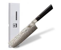 zayiko Damastmesser Nakirimesser, Klinge 18,00 cm Länge, japanischer Damaststahl VG-10, sehr hochwertiges Damast-Küchenmesser mit Pakkaholzgriff schwarz Kuro #Nana