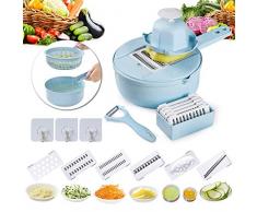 Gemüseschneider, Gemüsehobel, Essieny 12 Stück Gemüseschneider Sieb mit 4 Stück Auswechselbare Edelstahl Klingen, Eigelb-Abscheider, Auffangbehälter, Schäler, BPA Feri, Ideal zum Obst,Gemüse-Blau