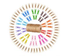 Sinoest Wäscheklammern Holz mini mit Kordel Schnur Set - 100 kleine Holzwäscheklammern Holzklammern + 100M Juteschnur für Fotos Garten Fotowand Fotoleine Adventskalender Basteln Clothespins Verpackung