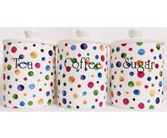 Rainbow Decors Ltd Aufbewahrungsdosen für Tee, Kaffee, Zucker, feines Knochenporzellan, Mehrfarbig, gepunktet, handdekoriert in Großbritannien