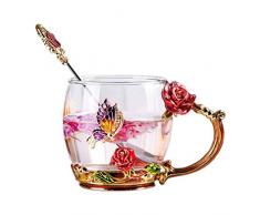 Lawei Emaile Glasbecher Handgefertig Glas Kaffeetasse Blumen Schmetterling Rose mit Löffel für Tee Latte Getränke Milch - 320 ml