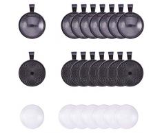 PandaHall Elite 30 Sätze Runde Legierung Blank Lünette Anhänger Tabletts mit Transparentem Glas Cabochon Einstellungen für Cameo Foto Halskette Schmuckherstellung, 25mm Durchmesser (Schwarz)