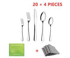 SidiOutil 20 Pack Besteck Set + 4 Pack Tischset, Party Besteckset für 4 Personen, Umweltfreundliches, Wiederverwendbares Edelstahlbesteckset Metallbesteck Messer Gabel Löffel Set (Silber)