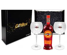 Martini Geschenkset Giftbox Geschenk Box Martini Fiero Wermut 0,75l (14,4% Vol) + Martini Royale Ballon Cocktail Glas Set - 2x Gläser 47cl - [Enthält Sulfite]