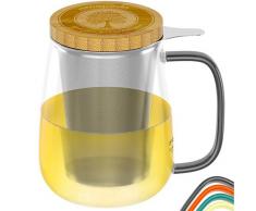 amapodo Teeglas mit Sieb und Deckel 700ml Teetasse groß aus Glas, plastikfrei XXL Trinkglas Set mit Henkel, Glastasse als Geschenk für losen Tee