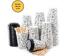 80 Pappbecher 360ml 12 Oz mit Deckel und Holz Rührstäbchen - Kaffeebecher To Go Zum Servieren von Kaffee, Tee, heißen und kalten Getränken
