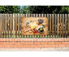 Wallario Garten-Poster Outdoor-Poster - Genuss am Abend - Rotwein, Käseplatte, Oliven und Tomaten in Premiumqualität, Größe: 61 x 91,5 cm, für den Außeneinsatz geeignet