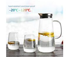Homfa 1,5 L Glaskaraffe für Kaltes/Warmes Wasserkrug Set mit 2 gläsern Wasserkaraffe mit Deckel und Glas Griff Glaskrug für Wein Saft Milch Kaffee