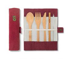 Eßbesteck aus Bambus | Reisebesteck | umweltfreundliches Besteckset | Messer, Gabel, Löffel und Strohhalm| Besteck Holz | Reisebesteck für unterwegs mit Reiseetui | 20 cm | Beere | Bambaw