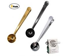 Liwein Kaffeedosierlöffel,3 Stück Edelstahl Kaffeedosierlöffel mit Klammer Multifunktions Lang Löffel Beutelverschlussclip Kaffeepulver Milchpulver Messlöffel(Gold Schwarz Silber)