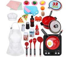 Anpro 32 STK Küchenspielzeug Kinderküchen Spielzeugset, Kochgeschirr Töpfe und Pfannen Set, Obst Gemüse Lebensmittel Küche Rollenspielzeug, Lerngeschenk für Mädchen Jungen