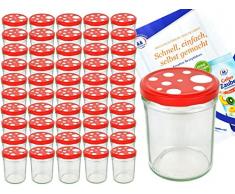 MamboCat Einmachgläser 50er Set Marmeladenglas Sturzglas + Deckel I robuste Einweckgläser 435ml + Twist Off Deckel Ø 82mm rot weiß gepunktet I Klarglas Rund Glas & Diamant Gelierzauber Rezeptheft