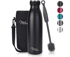 Milu Thermoflasche 500ml, 750ml, 1000ml Isolierte Edelstahl Trinkflasche, Thermoskanne Auslaufsichere Isolierflasche doppelwandig, Kohlensäure geeignet – inkl. Reinigungsbürste (Schwarz, 500ml)