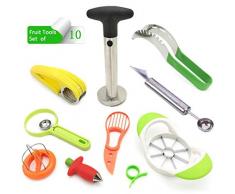 QYonline Multifunktionale Edelstahl Obstschneider,Avocado Slicer,Wassermelone, Banane, Apfelschneider,Ananas,Orangen,Kiwi,Cantaloupe-Schäler, Melonen-Kugelschaufel, 10-teiliges Set