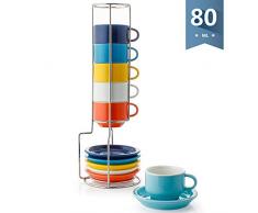 Sweese 404.002 6-teilig Stapelbare Espressotassen Set aus Porzellan, Kaffeetassen mit Untertasse und Metall Ständer, Bunte Serie, 80 ml