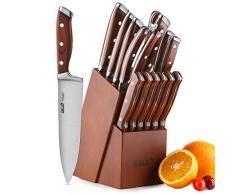 ROMEKER Messerblock Set Messer Küchenmesser Kochmesser Brotmesser Tranchiermesser Universalmesser Schälmesser Santokumesser Steakmesser Haushaltschere Wetzstahl,9-20cm Klingenlänge,15-Teilig
