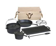 BBQ-Toro 7-teiliges Dutch Oven Set in Holzkiste, Gusseisen, bereits eingebrannt, mit Kochtopf, Stieltopf, Grillplatte, Pfanne, Deckelheber und Untersetzer