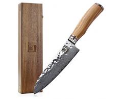 ZAYIKO Damast Santokumesser, Klinge 17,50 cm Länge mit Hammerschlag und Olivenholzgriff - japanischer Damaststahl VG-10