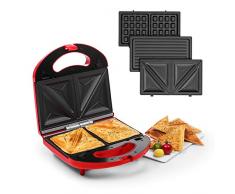 Klarstein Trilit 3-in-1 Sandwich Maker Panini Maker Kontaktgrill Waffeleisen, 750 Watt, 3 austauschbare Aluminium-Grillplatten, Anti-Haft-Beschichtung, rutschfest, Kunststoff-Gehäuse, rot