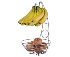 EXZACT Obstkorb mit Bananenhaken 43cm Hoch/Früchtekorb/Bananenhalter/Gemüsekorb/Obstschale mit Bananenhaken, Silber verchromt