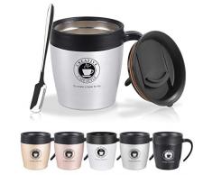 Vabaso 330ml Thermobecher Kaffee to Go Becher in 5 Farben inkl, Kaffeebecher Thermo mit BPA-frei Deckel,Griff und Kleine Kaffeelöffel, Doppelwand Isolierung, Edelstahlbecher für Zuhause Schulen Büros