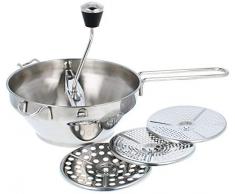 com-four® Passiermühle aus Edelstahl - Flotte Lotte mit 3 verschiedenen Einsätzen - Passiergerät zum Passieren, Pürieren und Entsaften von Gemüse und Obst (01 Stück - mit 3 Einsätzen)