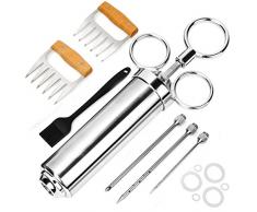 Pulled Pork Set inkl. Fleischspritze, Bratenspritze Edelstahl 60ml Marinadenspritze 1 Marinierpinsel 3 Nadeln 1 Paar Fleischkrallen - Fleischspritze mit Pulled Pork Set für BBQ Grill Fleisch Rind