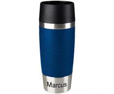 Emsa Isolierbecher MIT Gravur (z.B. Namen) 360ml TRAVEL Mug Blau mit persönlicher Rundgravur, Travelmug Kaffee & Tee Thermo to-go-Becher mit Quick Press Verschluss 100% auslaufsicher