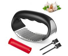Omew Knoblauchpresse Edelstahl Rostfrei Knoblauchschneider Spülmaschinenfest Garlic Press praktischer Küchenhelfer langlebig mit Silikon Knoblauchschäler und 2er Reinigungspinseln