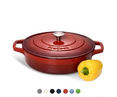 ProCook - niedriger Bratentopf aus Gusseisen - induktionsgeeignet - 28 cm Ø - 3,9 l Volumen - in schattiertem Rot - emailliert - Bräter - Schmorpfanne