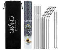 GRAND 8er Set Edelstahl Strohhalme | 4 gerade und 4 gebogene trinkhalme edelstahl | Extra lang & Wiederverwendbar | Metall Trinkhalme für Cocktails, Smoothies, Shakes oder Säfte | 2 Reinigungsbürsten