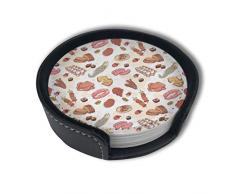 BJAMAJ Würstchen, Salami, Schwein, Speck, Steak, Rind, Schinken. Made In Cartoon Premium PU Leder Untersetzer Getränke, Runde Untersetzer mit Halter-Sets, geeignet für Zuhause und Küche, 6 Stück