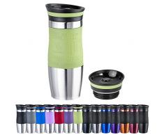 WELLGRO Thermobecher 400 ml + 1 Extradeckel - Edelstahl rostfrei - Silikon Soft-Touch Griffstück - BPA-frei - Isolierbecher doppelwandig - Travel Mug - Kaffeebecher to go, Farbe:Grün