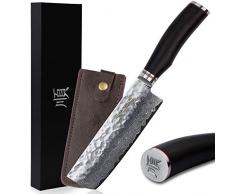 YOUSUNLONG Nakiri Messer 6,5 Zoll （16.5cm） Usuba Messer Japanische VG10 Hammered Damaskus Stahl Natur Ebenholz Holzgriff mit Lederscheide