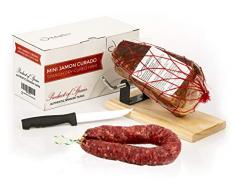 Serrano Schinken Gereift ohne Knochen + Schinkenhalter + Schinkenmesser 1 Kg (Spanischer Schinken) + Salchichón Serrano Dauerwurst Extra 200 gr