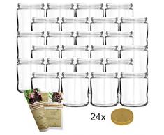 gouveo 24er Set Honiggläser 500g incl. Drehverschluss Kunststoff, Honiggläser, Vorratsgläser, Gewürzgläser incl. Flaschendiscount-Rezeptbroschüre
