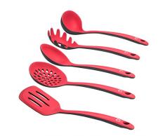 Levivo Silikon Küchenhelfer-Set, 5-teiliges Küchenbesteck-Set, Küchenutensilien bestehend aus Pfannenwender, Schaumlöffel, Suppenkelle, Spagettilöffel, SoÃenlöffel, rot/grau